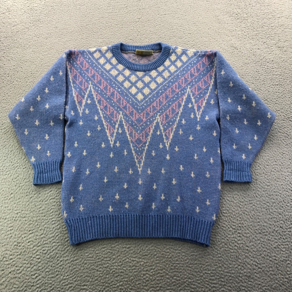 Vintage Iceware Sweater Womens Small Blue Pink Nordic Fair Isle Pure Wool Knit